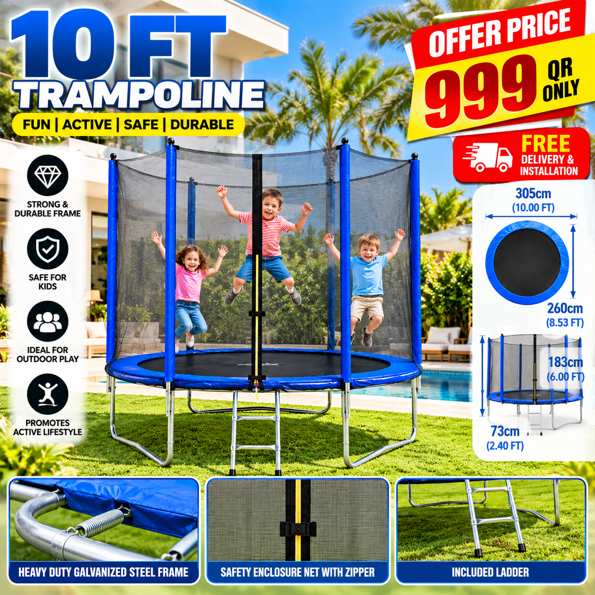 FUNJUMP 10FT Blue Outdoor Trampoline with Safety Net & Ladder – Dynamic Sports