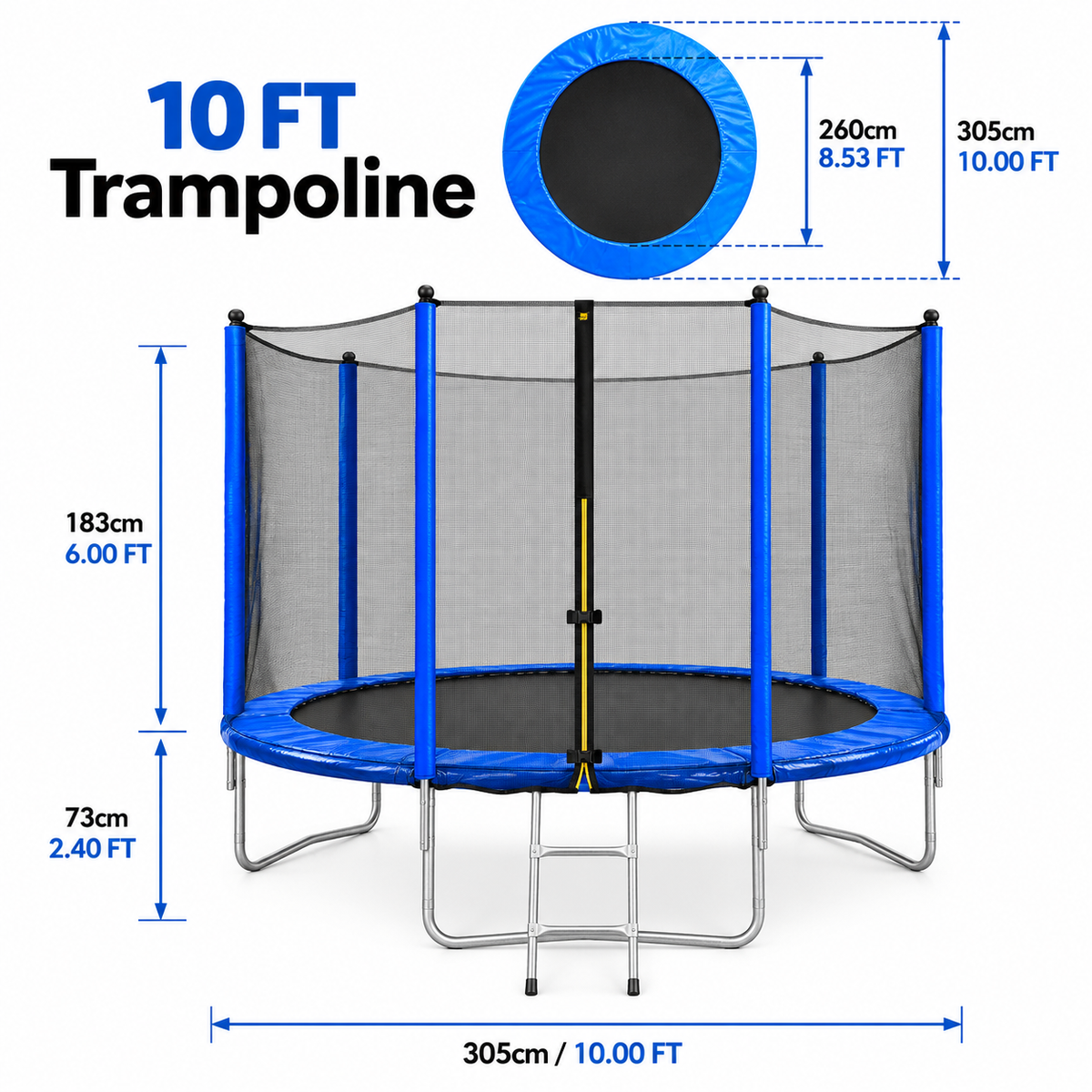 FUNJUMP 10FT Blue Outdoor Trampoline with Safety Net & Ladder – Dynamic Sports
