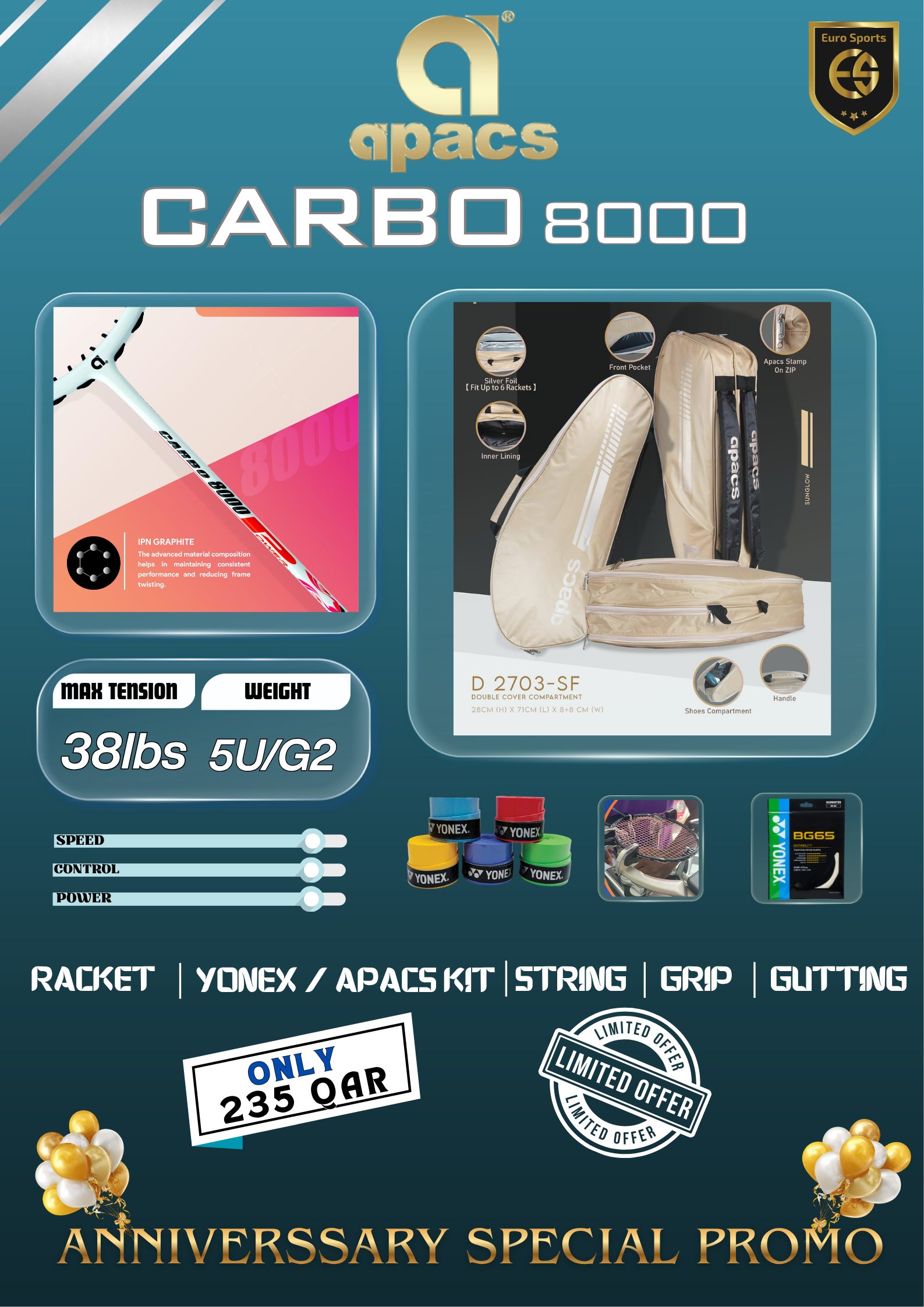 Apacs Carbo 8000 Power Combo Offer – Racket + Yonex Kit Bag + String + Gutting