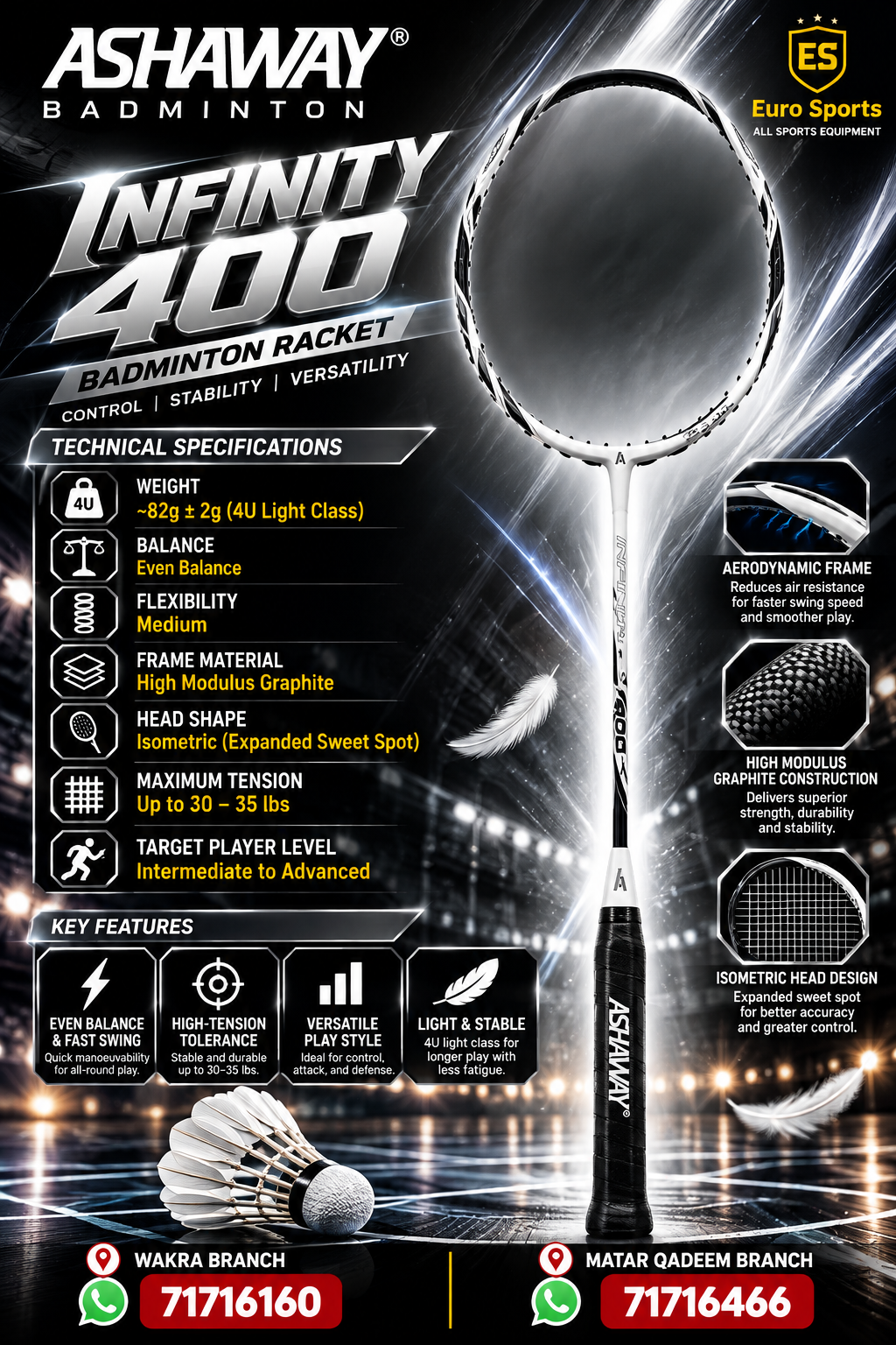 Ashaway Infinity 400 Badminton Racket – USA