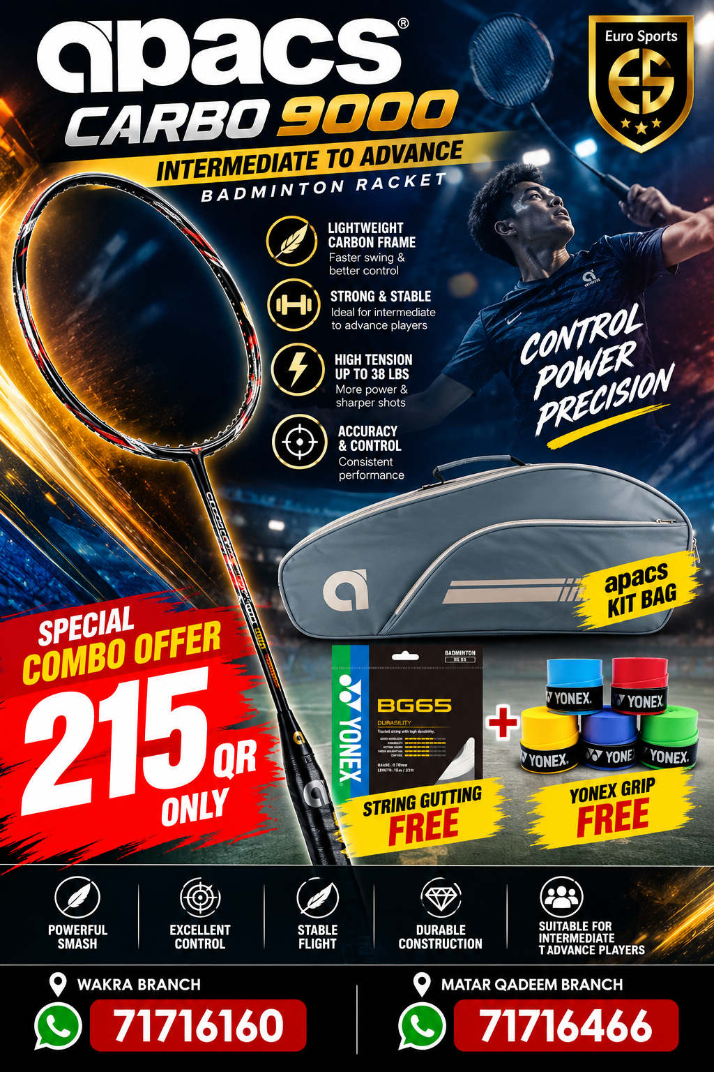 Apacs Carbo 9000 Combo Offer – Racket + Apacs Kit Bag + Free String Gutting + Free Grip