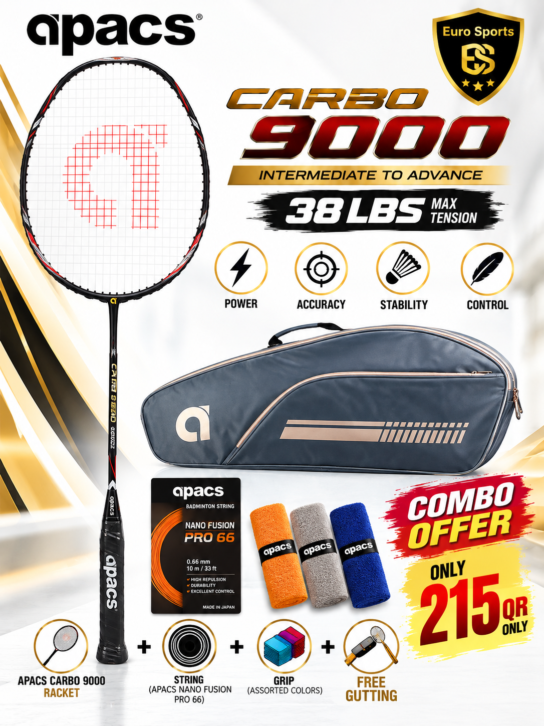 Apacs Carbo 9000 Combo Offer – Racket + Apacs Kit Bag + Free String Gutting + Free Grip