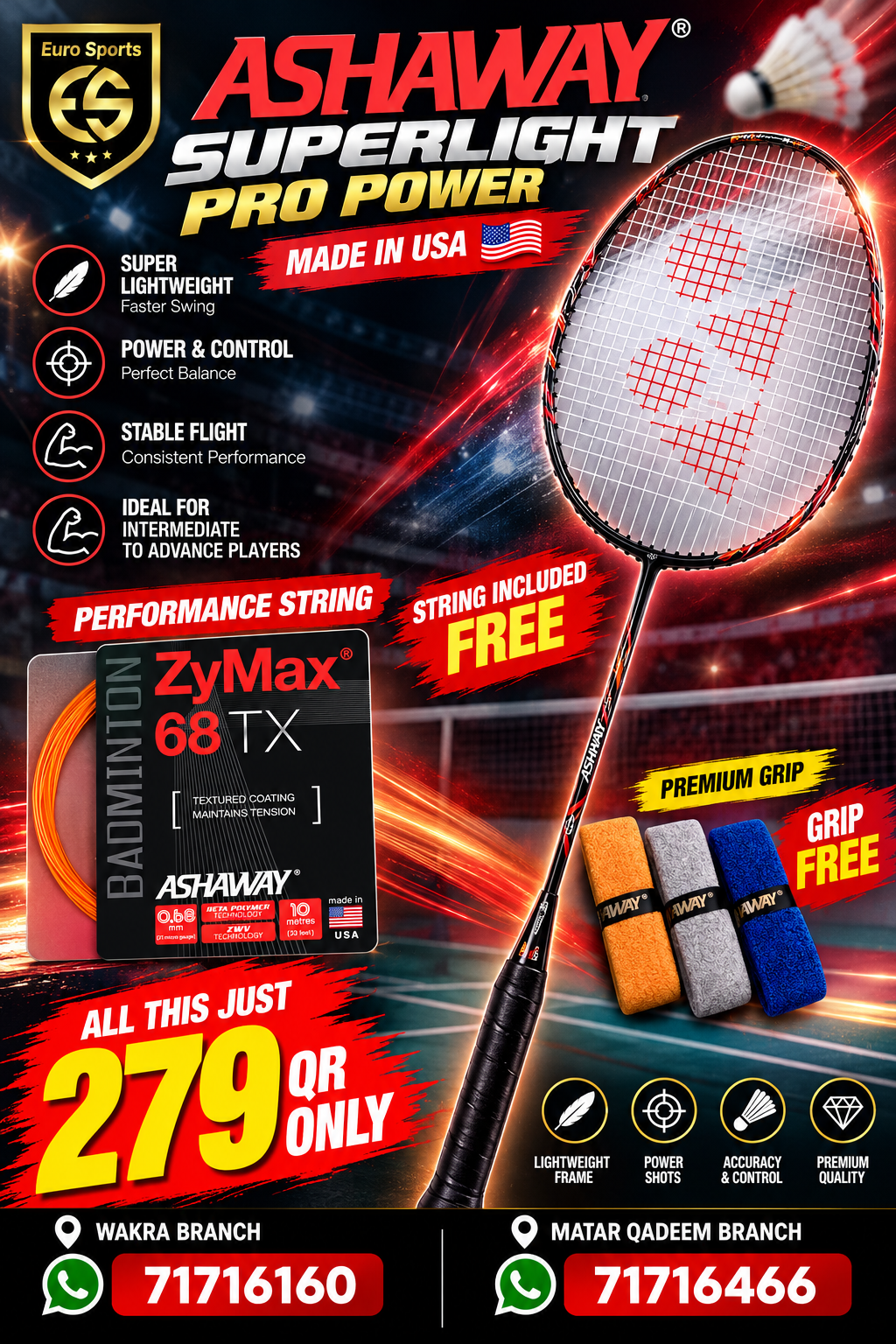 Ashaway Superlight Pro Power Combo Offer – Racket + Free ZyMax 68 TX String + Free Grip (Made in USA)