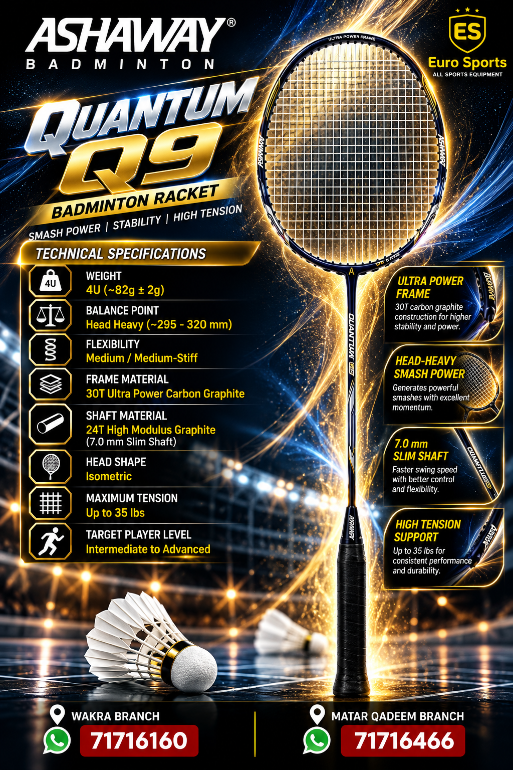 Ashaway Badminton Racket - Quantum Q9 Shiny