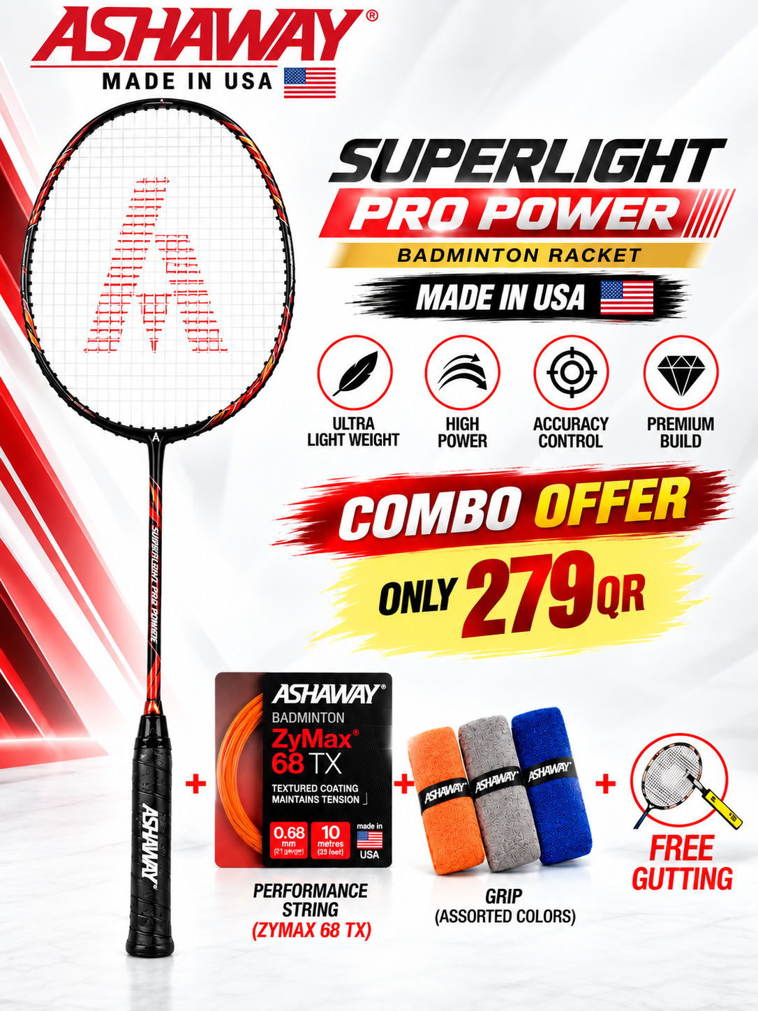 Ashaway Superlight Pro Power Combo Offer – Racket + Free ZyMax 68 TX String + Free Grip (Made in USA)