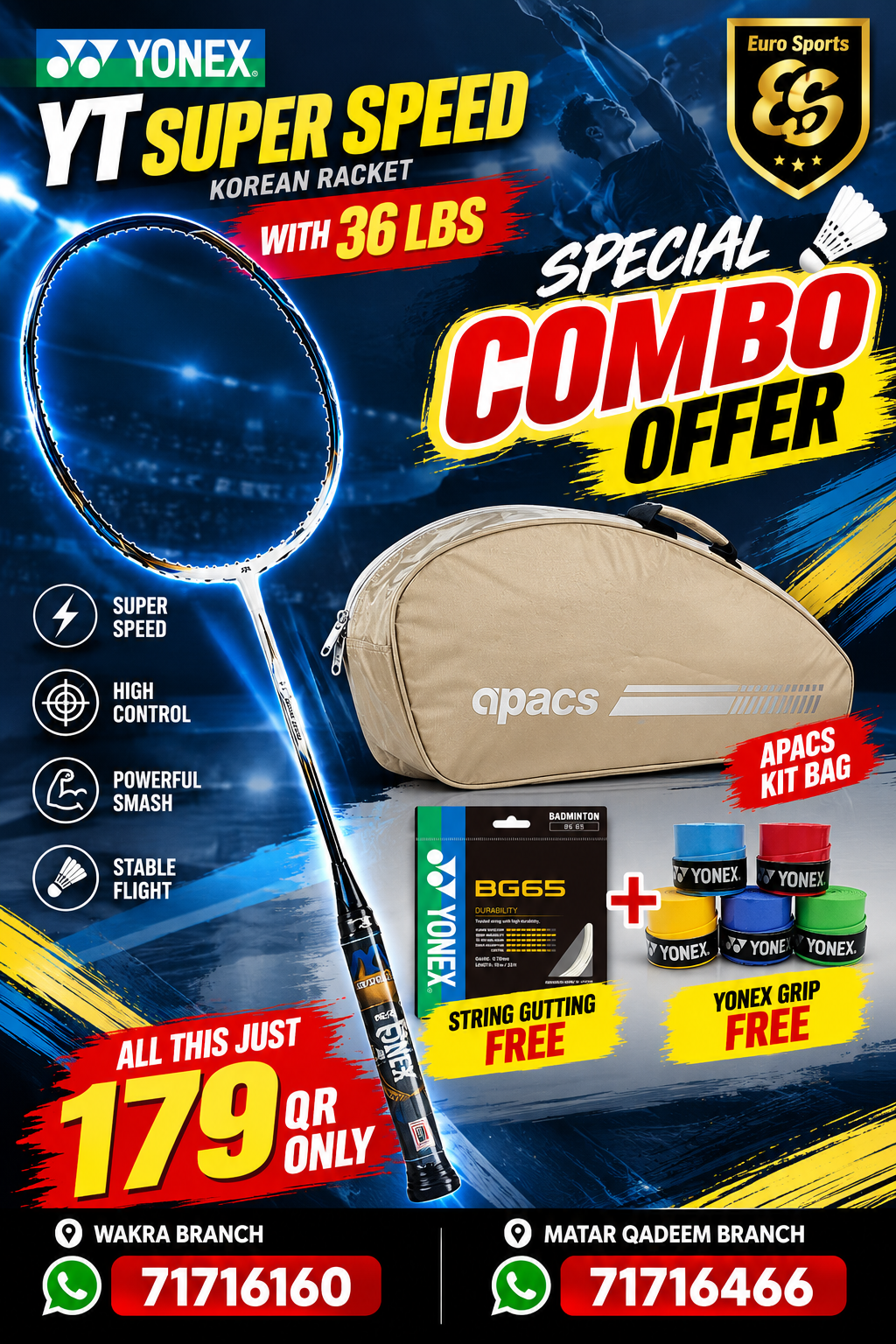 Yonex YT Super Speed Korean Racket Combo Offer – Racket + Apacs Kit Bag + Free String + Free Grip + Free Gutting