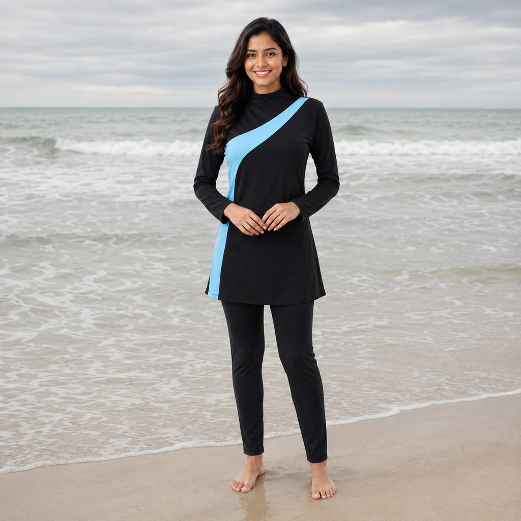 Three-Piece Modest Swimwear Women Set - Black-Cyan