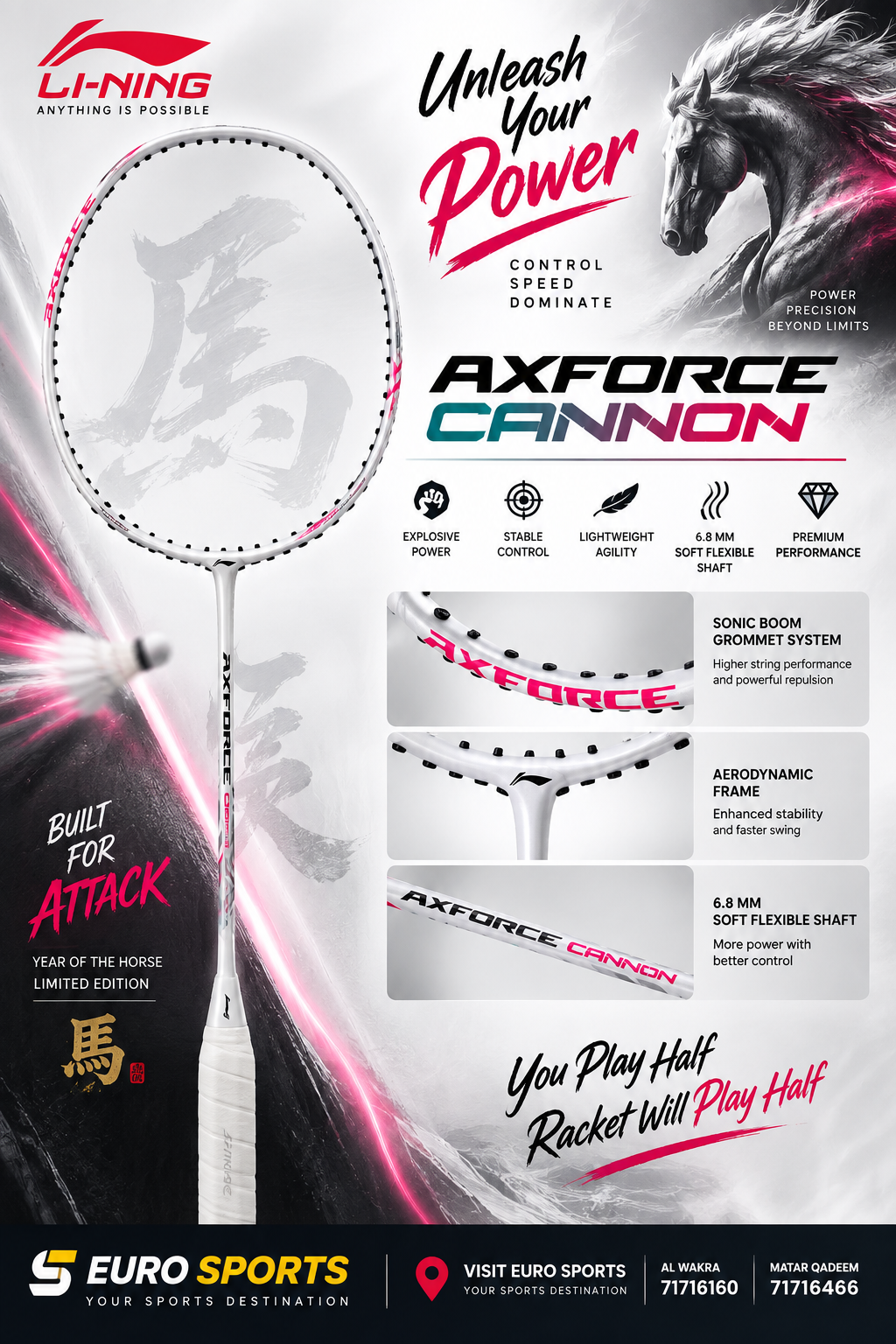 Li-Ning AxForce Cannon Badminton Racket (White)