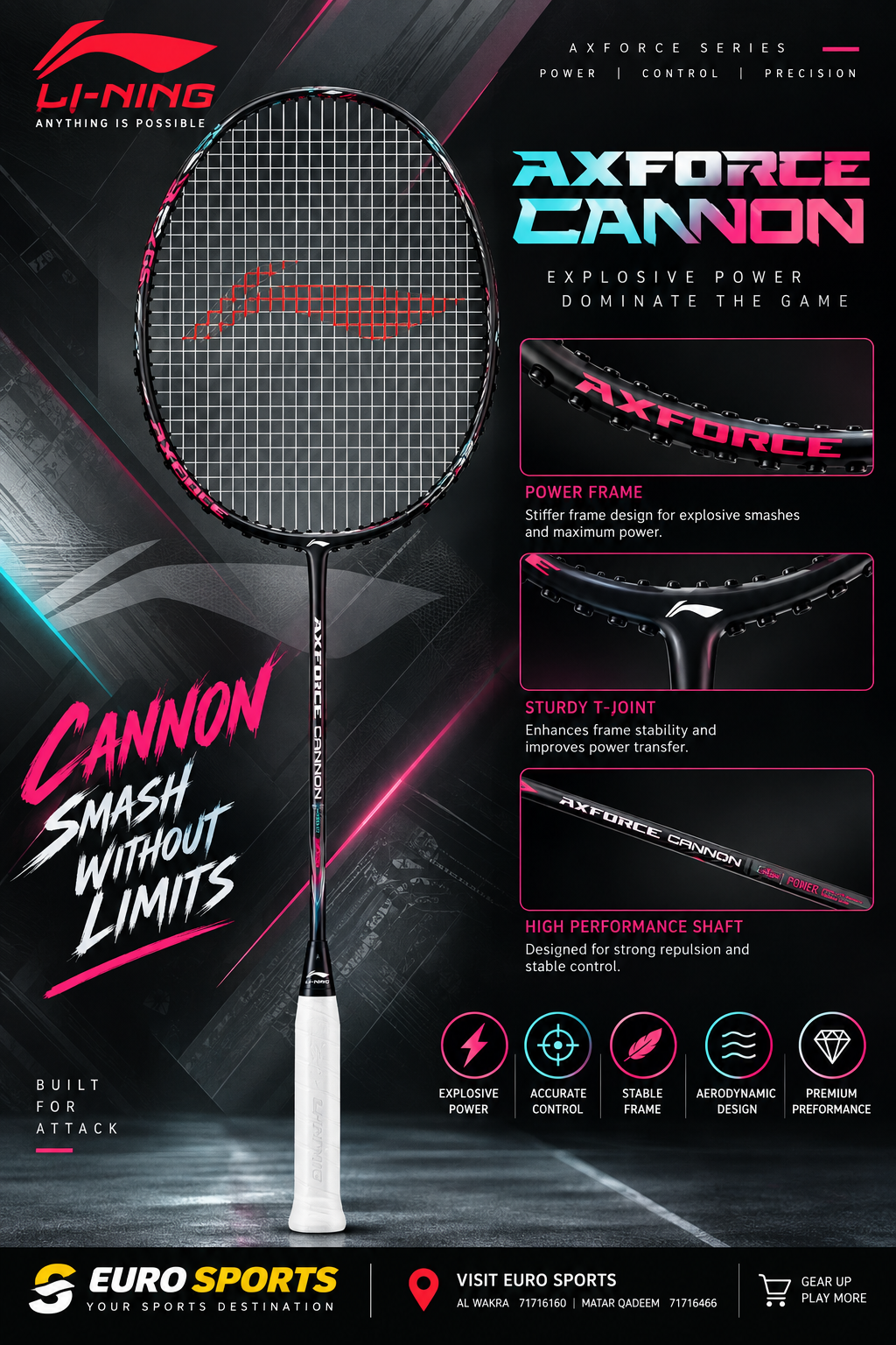 Li-Ning AxForce Cannon Badminton Racket (Black)