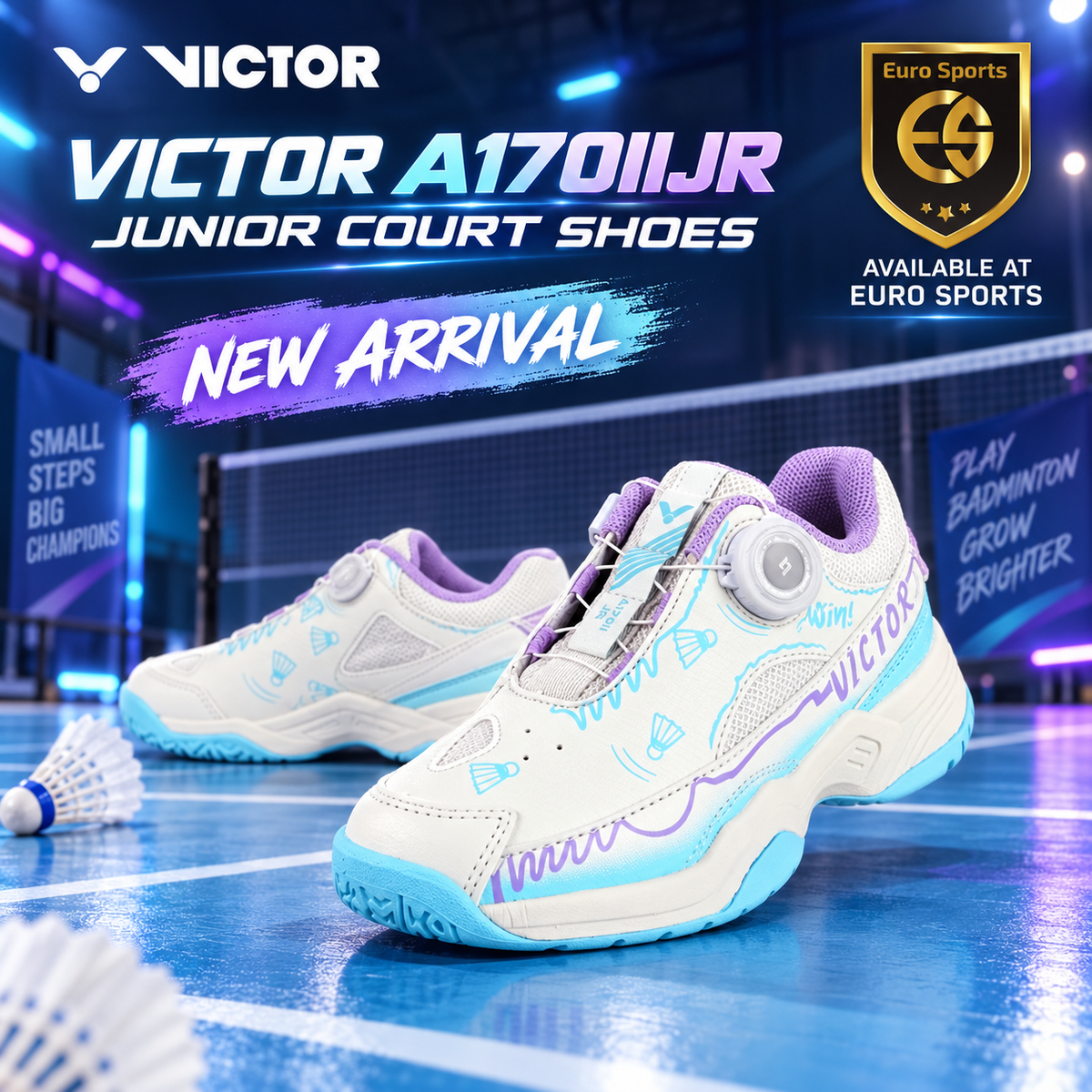 Victor A170IIJR Junior Badminton Shoes - Pearl White/Bonnie Blue