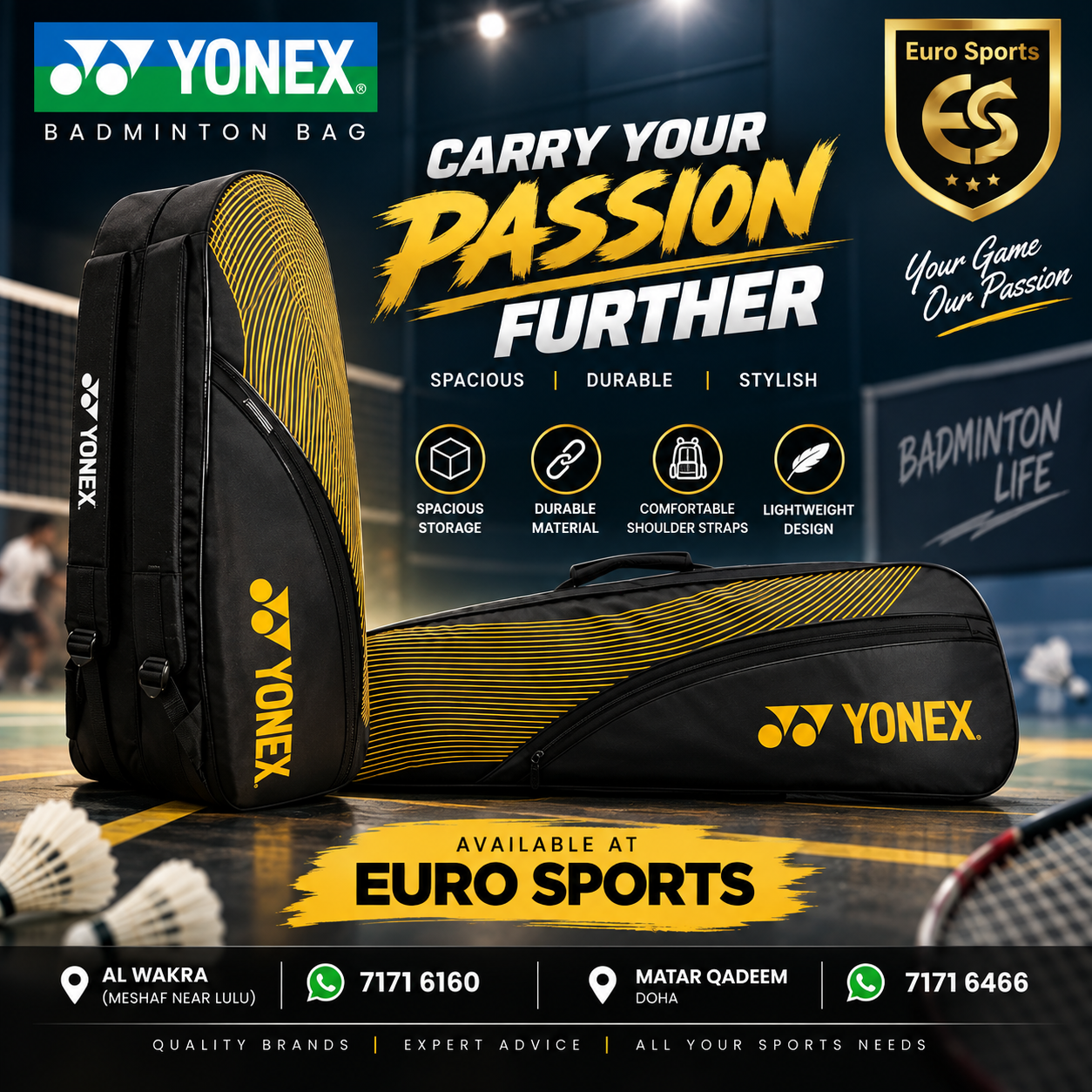 Yonex Double Compartment Badminton Bag - Black/Yellow