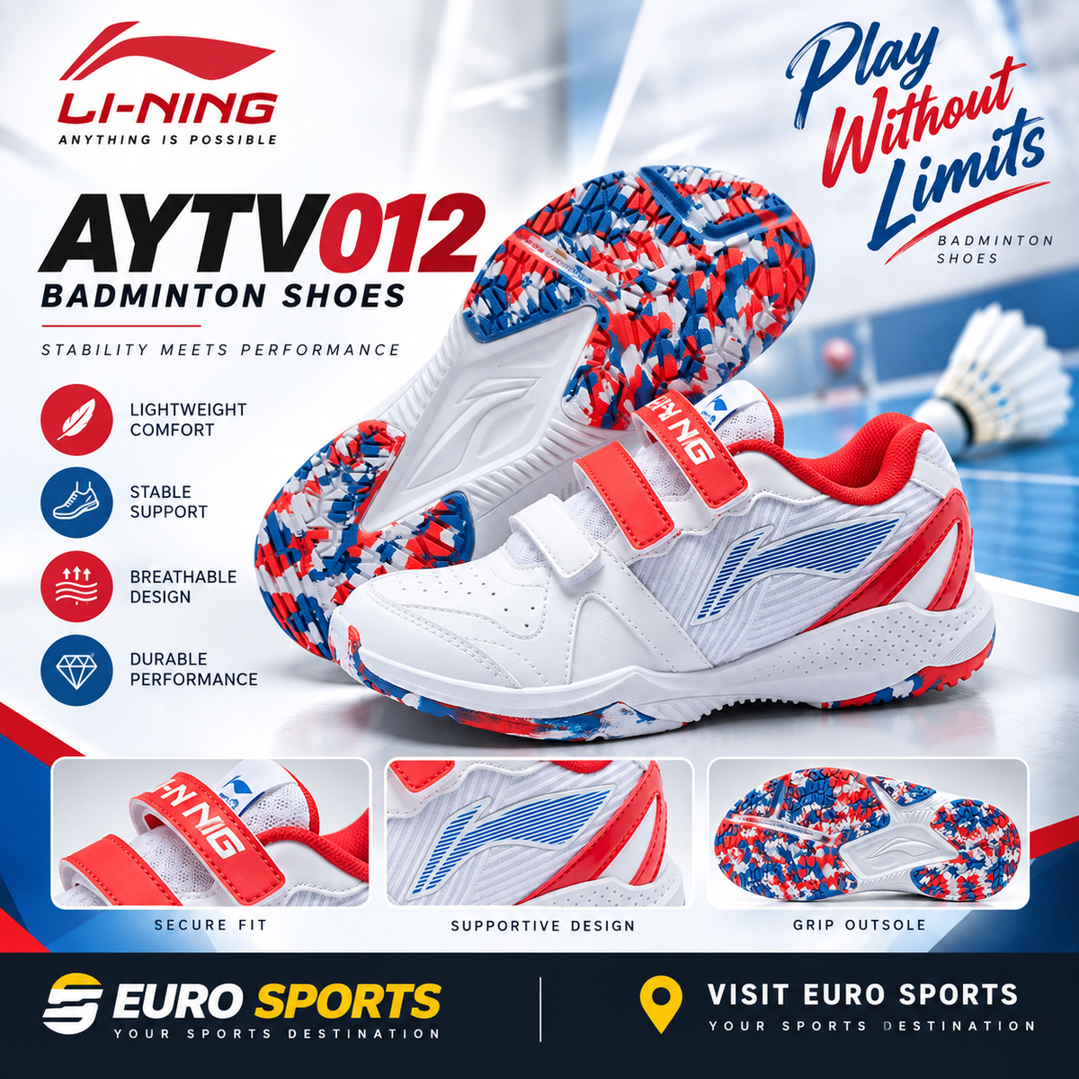 Lining Junior Badminton Shoes AYTV012-1 – White/Red