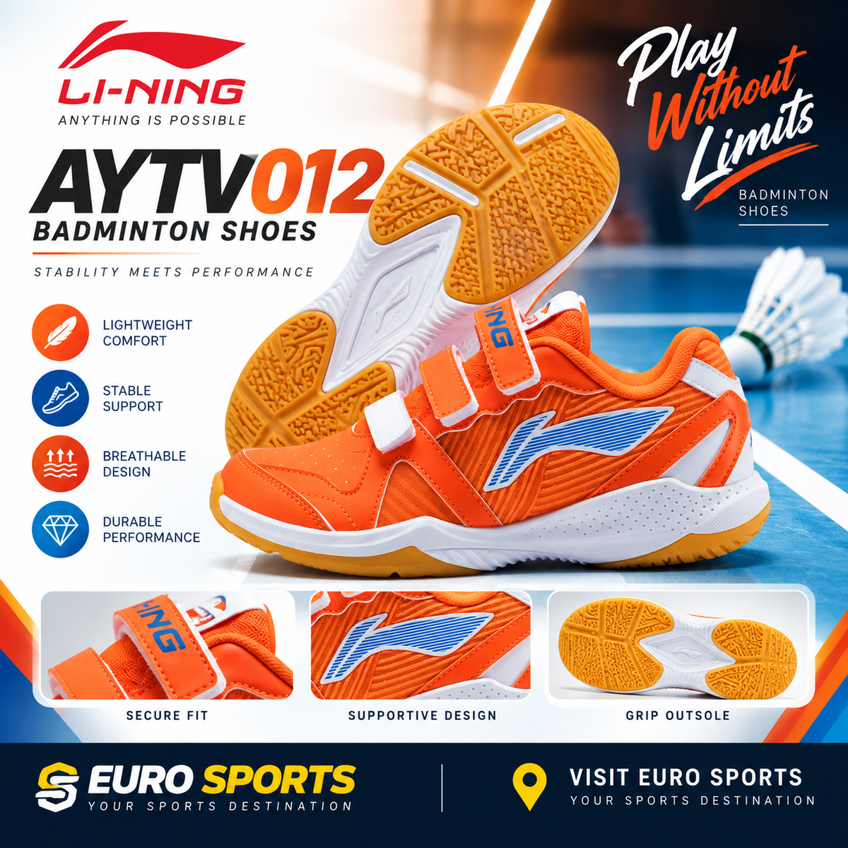 Lining Junior Badminton Shoes AYTV012-3 – Orange/White