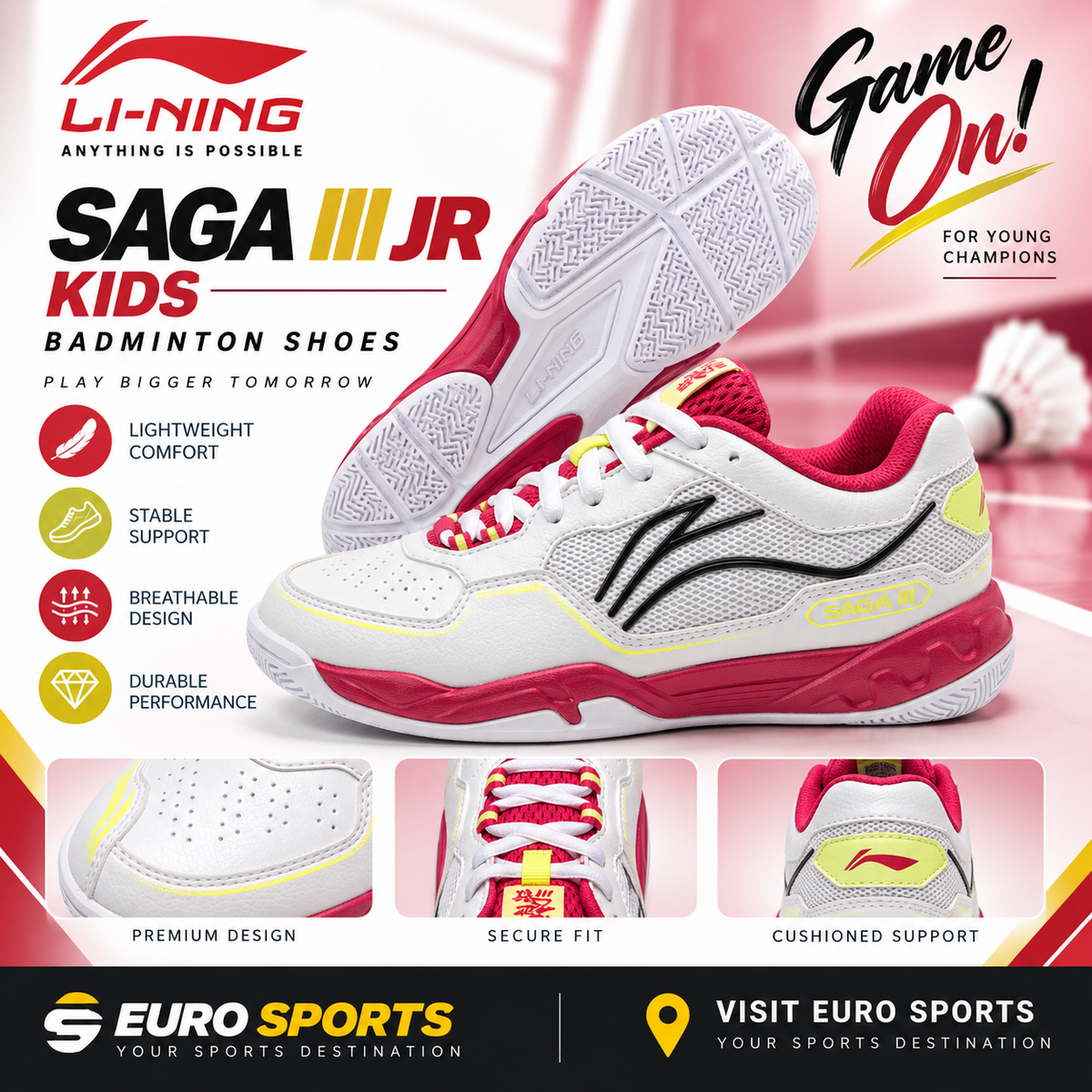 Lining Ground-Flying III JR Badminton Shoes AYTV002-3 – White/Pink