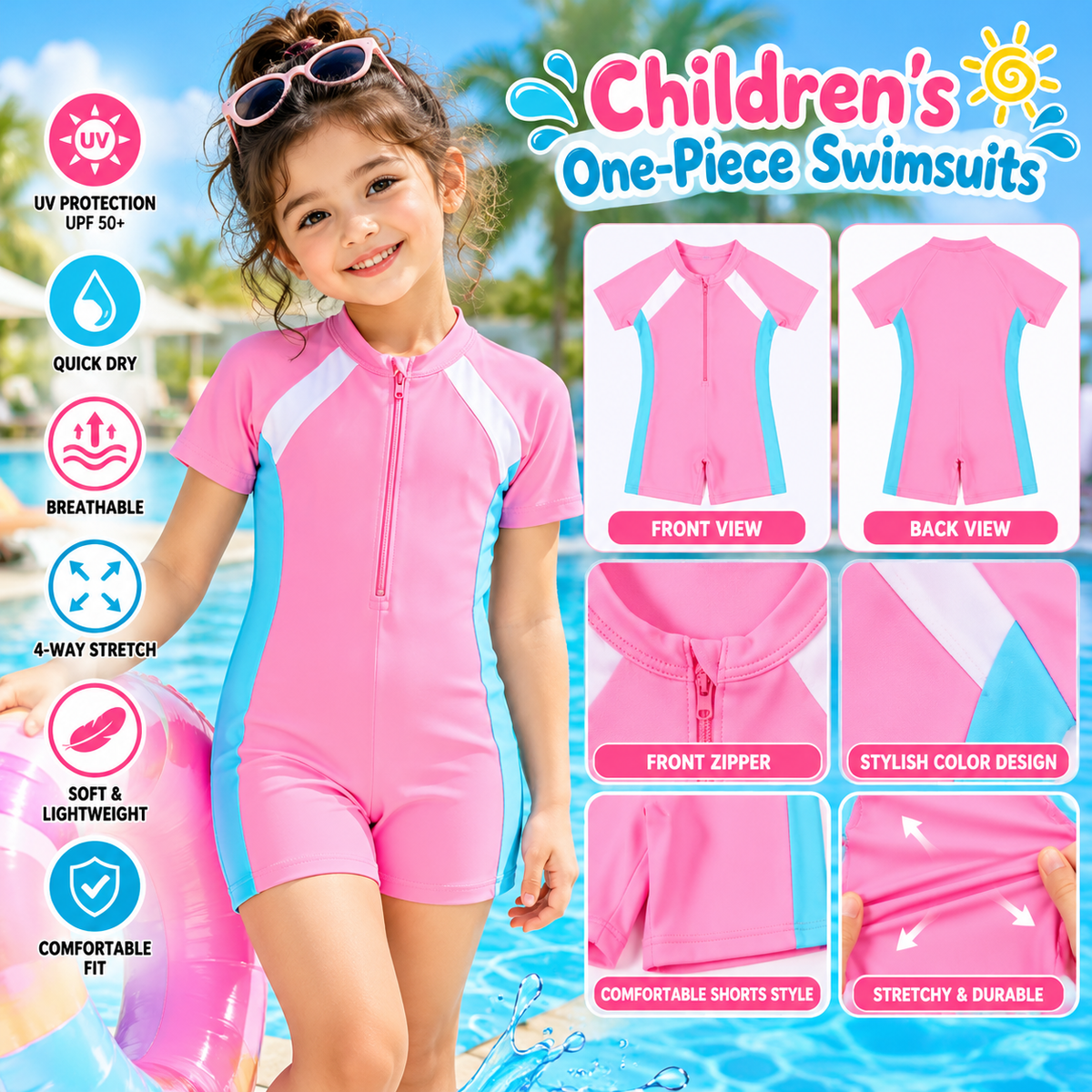 Children's One-Piece Swimsuit – Short Sleeve Sun Protection Professional Training Swimsuit