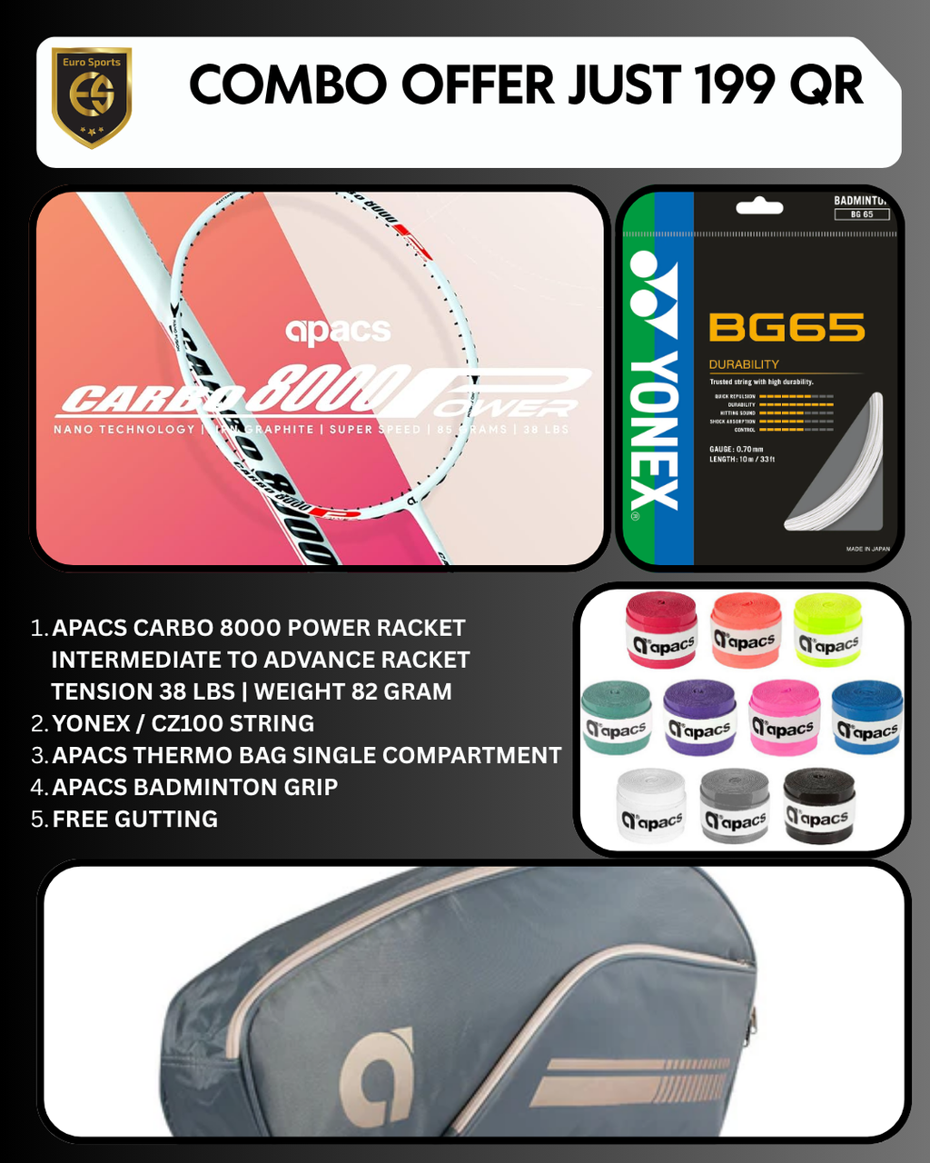 Apacs Carbo 8000 Power Combo Offer – Racket + String + Grip + Kit Bag + Free Gutting