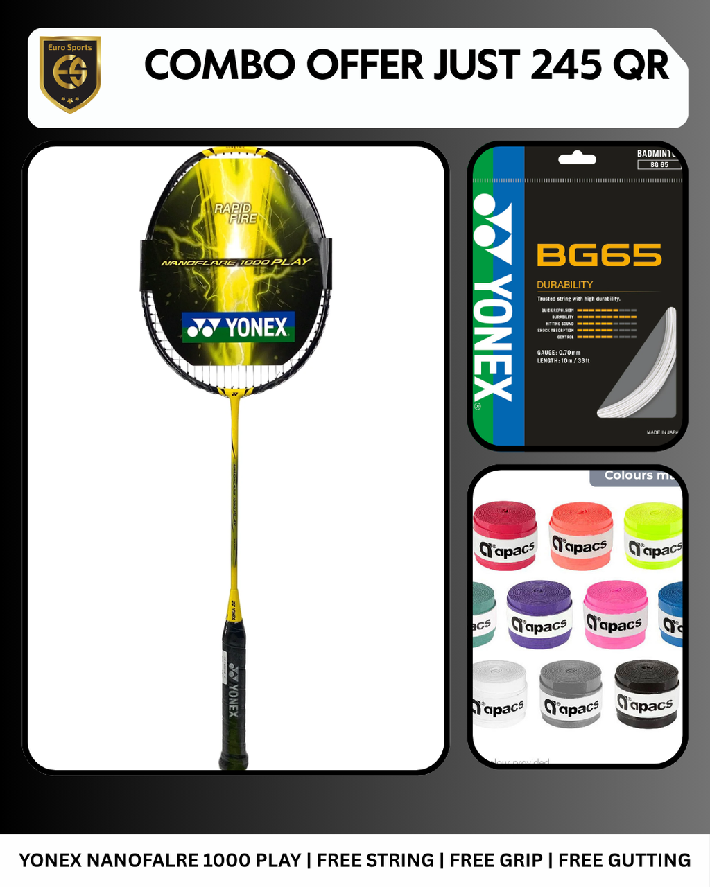 Yonex Nanoflare 1000 Play Combo Offer – Racket + Free String + Free Grip + Free Gutting
