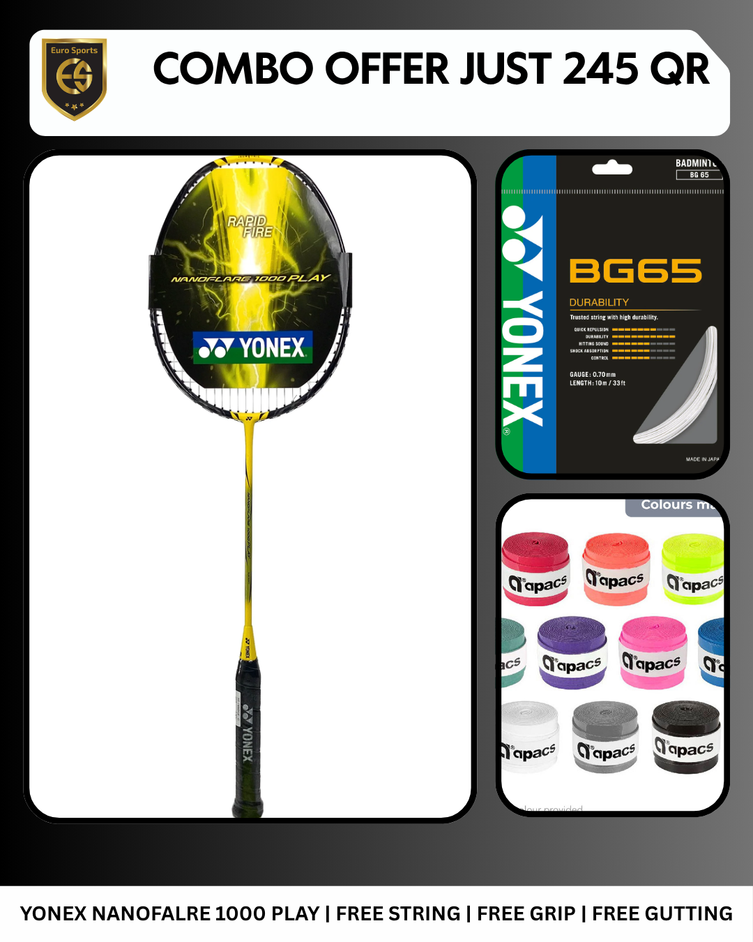 Yonex Nanoflare 1000 Play Combo Offer – Racket + Free String + Free Grip + Free Gutting