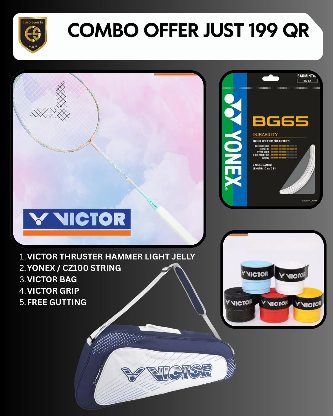 Victor Thruster Hammer Jelly Combo Offer – Racket + Free String + Free Grip + Free Gutting + Victor BR2103 Bag