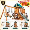 MOUNTPEAK Logan Wooden Swing Set & Playhouse with Balcony