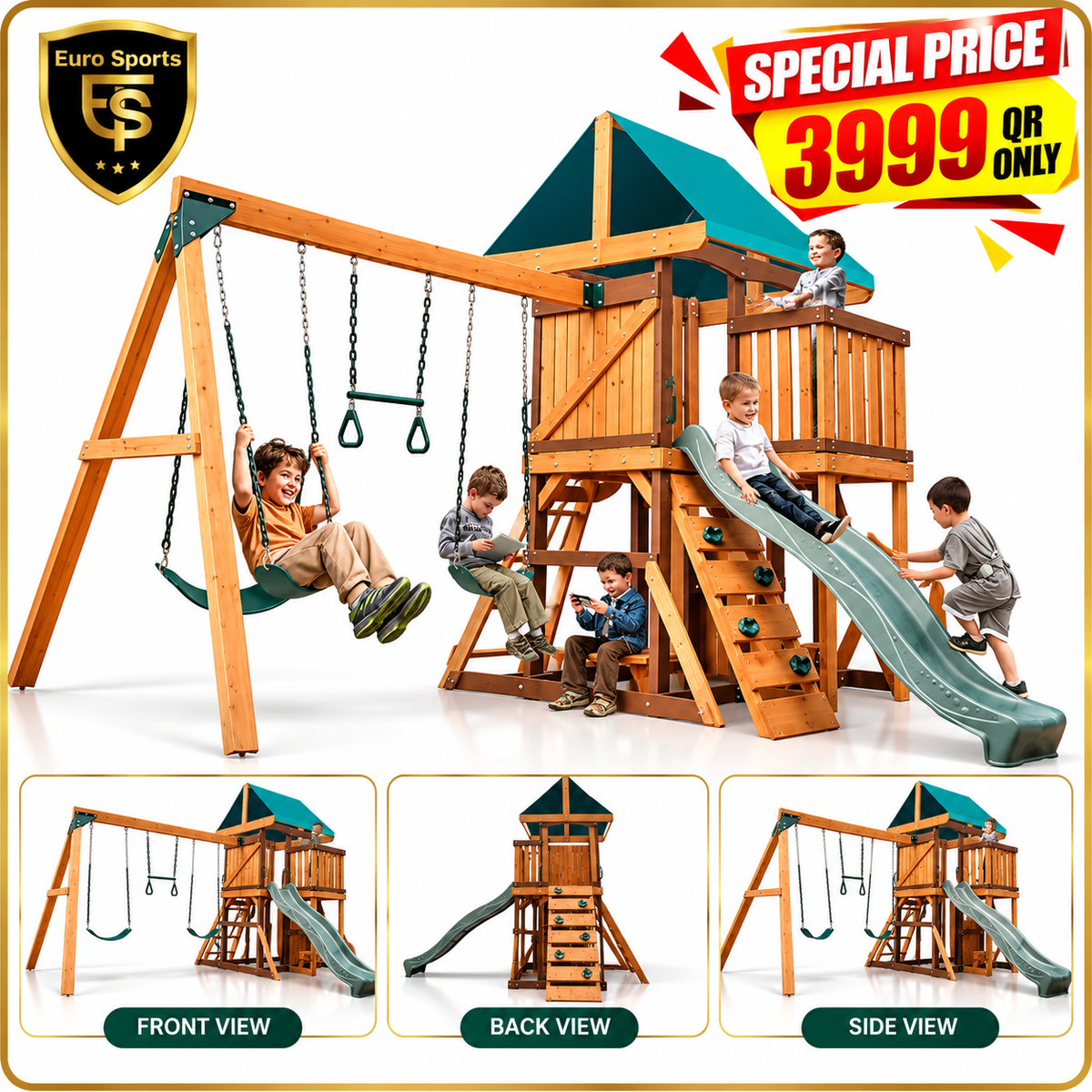 MOUNTPEAK Logan Wooden Swing Set & Playhouse with Balcony