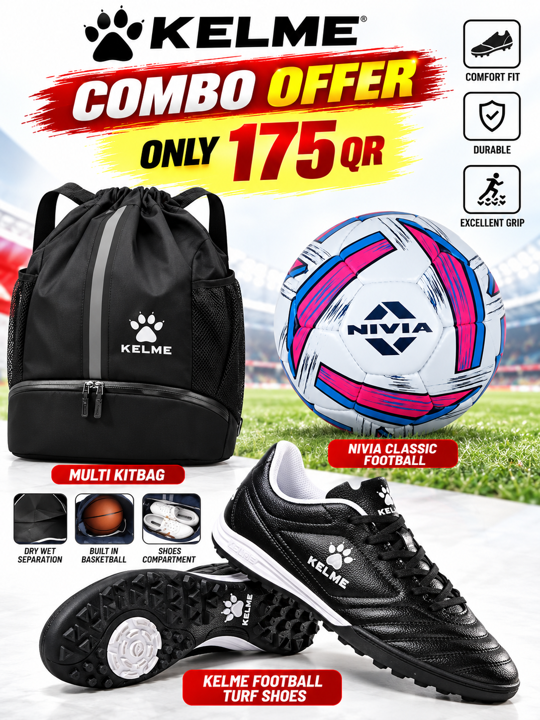 Kelme Football Turf Shoes + Nivia Classic Football + Kit Bag