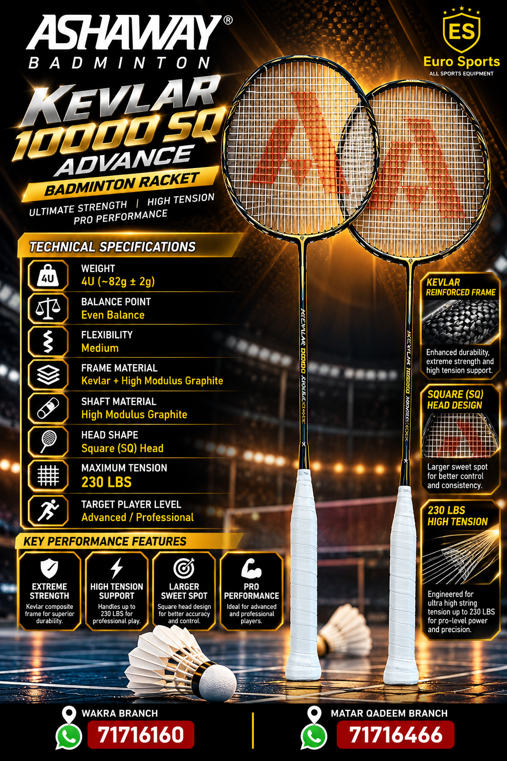 Ashaway Kevlar 10000 SQ Advanced Badminton Racket – USA