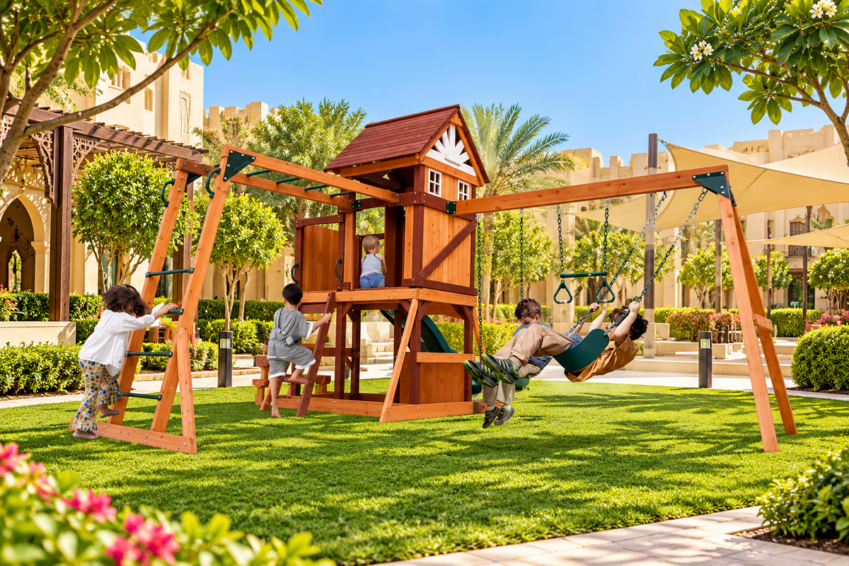 MOUNTPEAK Vinson Massif Wooden Swing Set & Playhouse with Wooden Roof