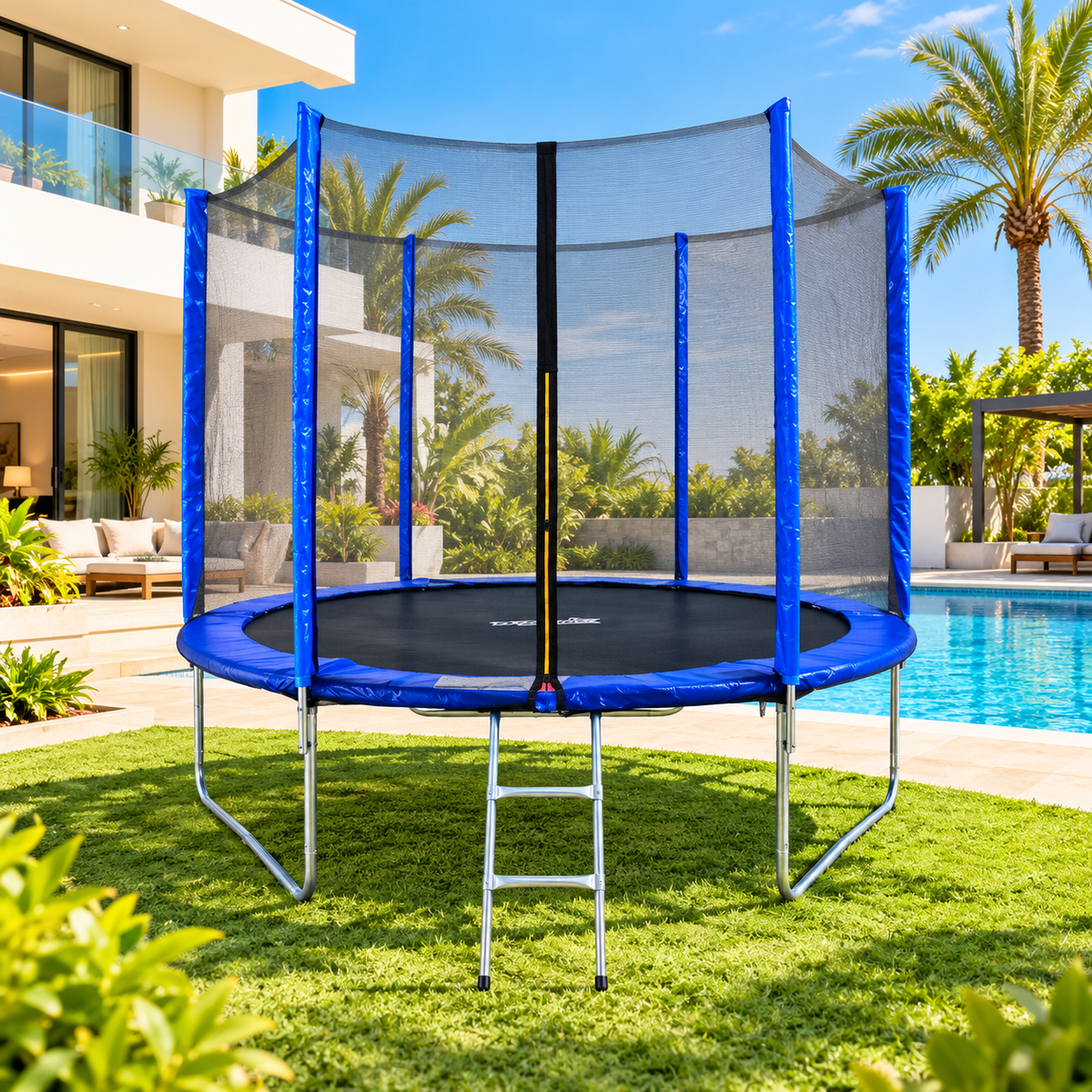 FUNJUMP 10FT Blue Outdoor Trampoline with Safety Net & Ladder – Dynamic Sports