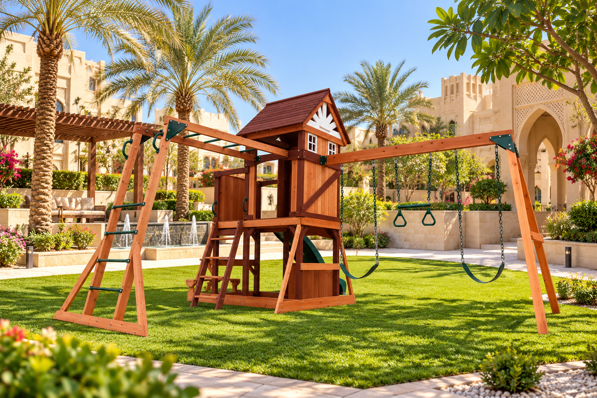 MOUNTPEAK Vinson Massif Wooden Swing Set & Playhouse with Wooden Roof