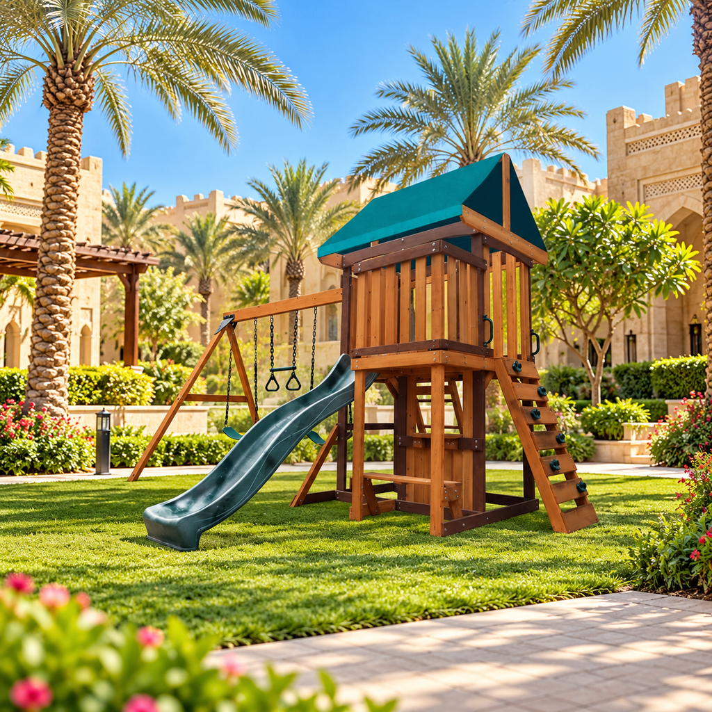 MOUNTPEAK Logan Wooden Swing Set & Playhouse with Balcony