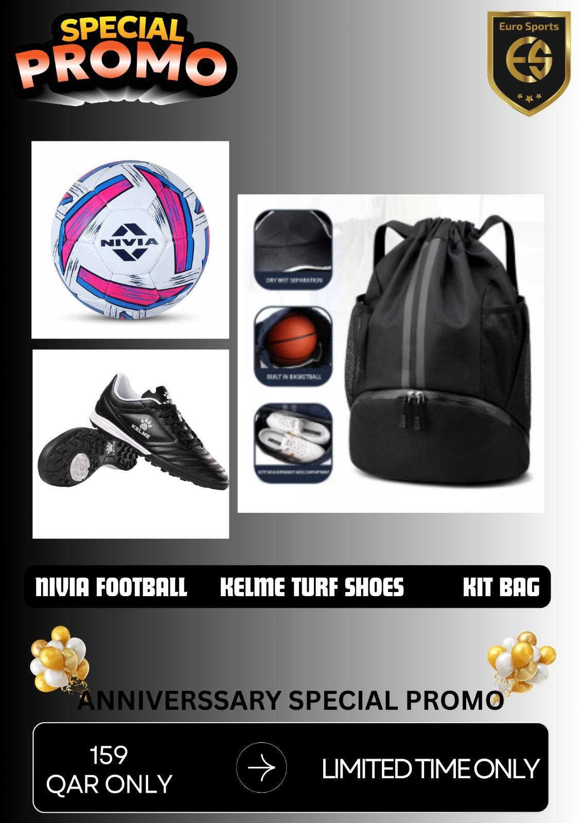 Nivia Classic Football Combo – Football + Kelme Turf Shoes + Kit Bag