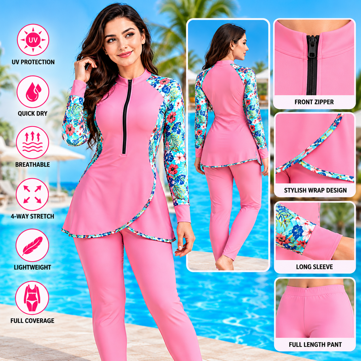 Plus Size Two Piece Long Sleeve Swimwear for Women with Swim Shorts – Tankini Rash Guard Set