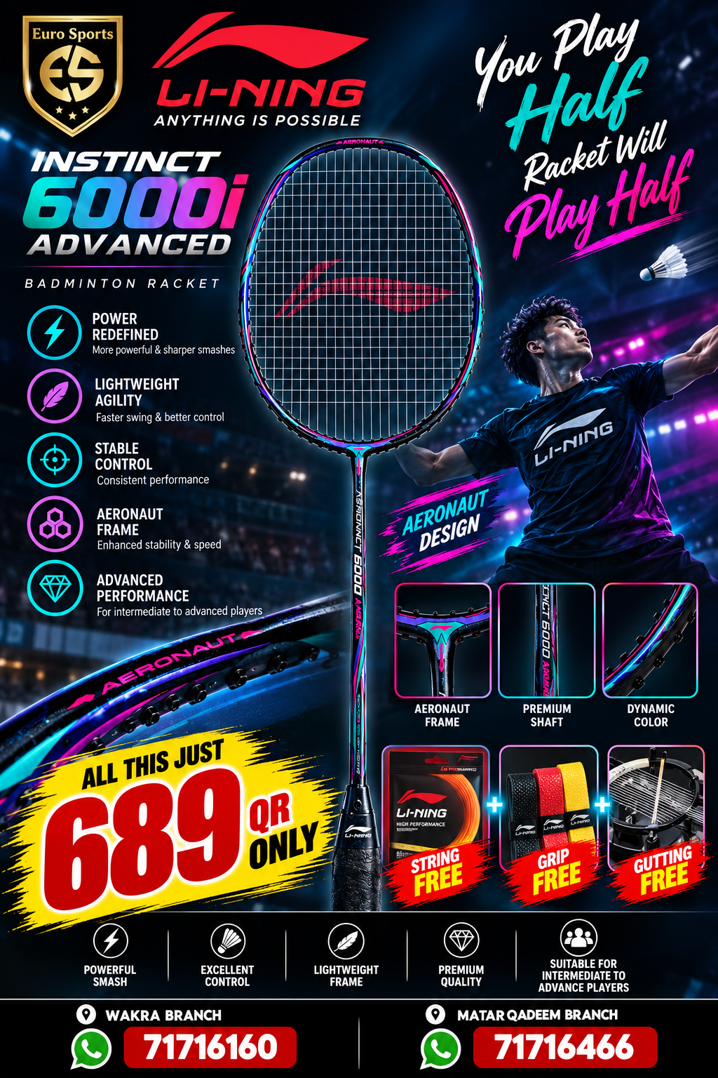 Lining Aeronaut 6000i Instinct Advanced Combo Offer – Racket + Free String + Free Grip + Free Gutting