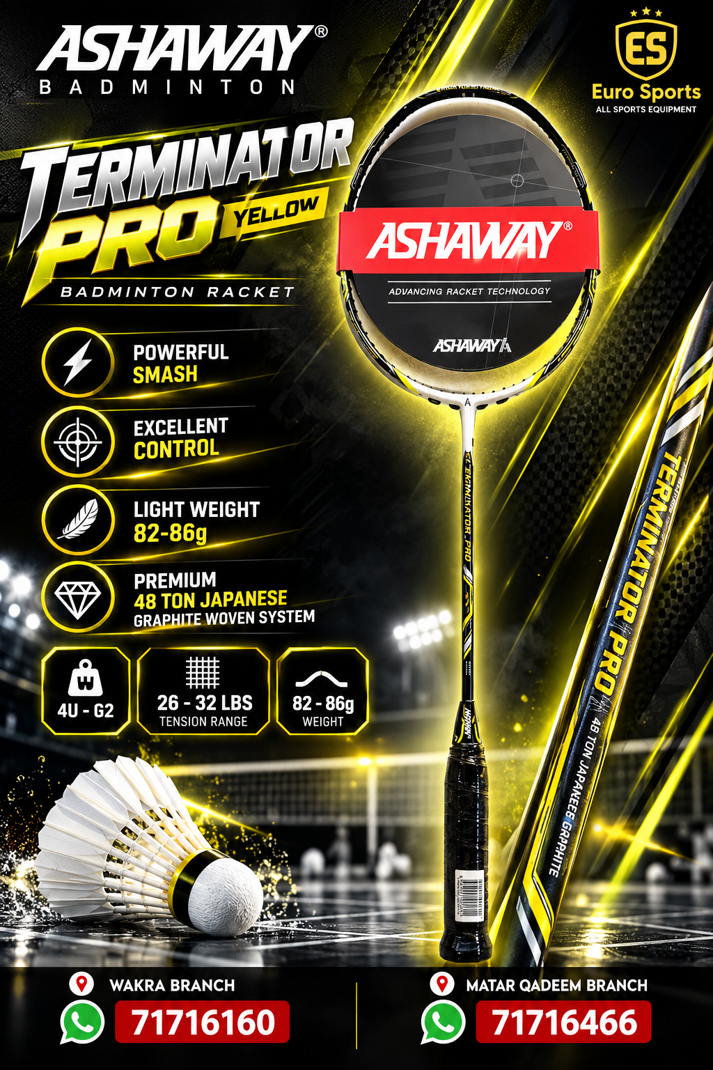 Ashaway Badminton Racket - Terminator Pro Yellow