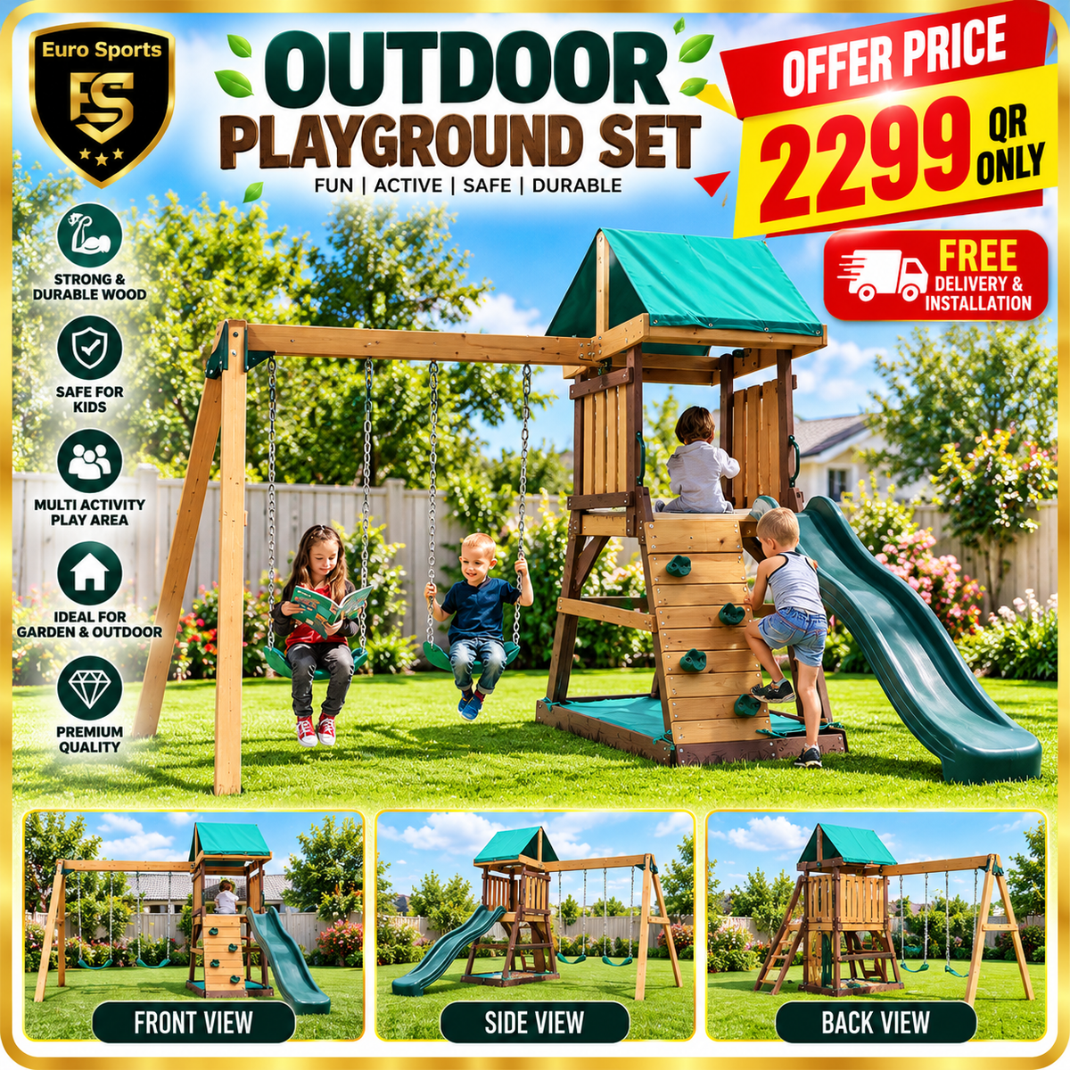 MOUNTPEAK Matterhorn Wooden Swing Set & Playhouse with Slide