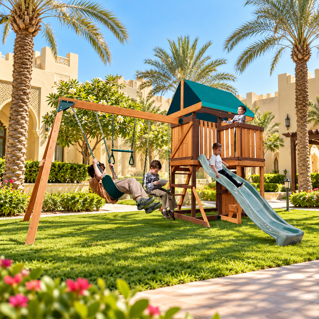 MOUNTPEAK Logan Wooden Swing Set & Playhouse with Balcony
