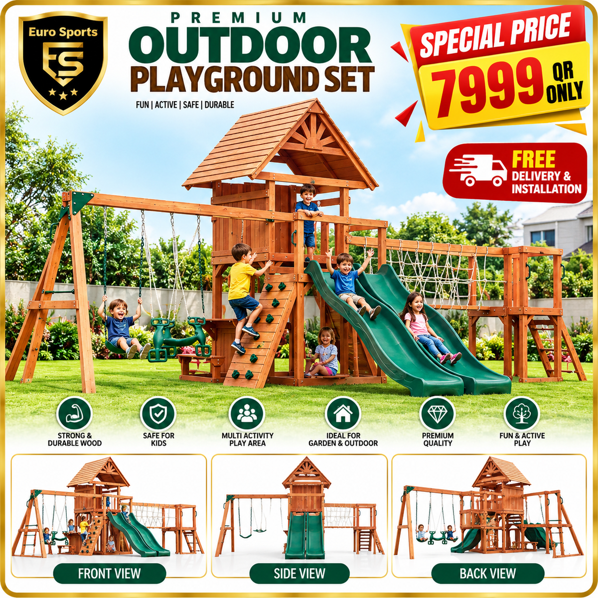 MOUNTPEAK Everest Double Decker Wooden Swing Set & Playhouse