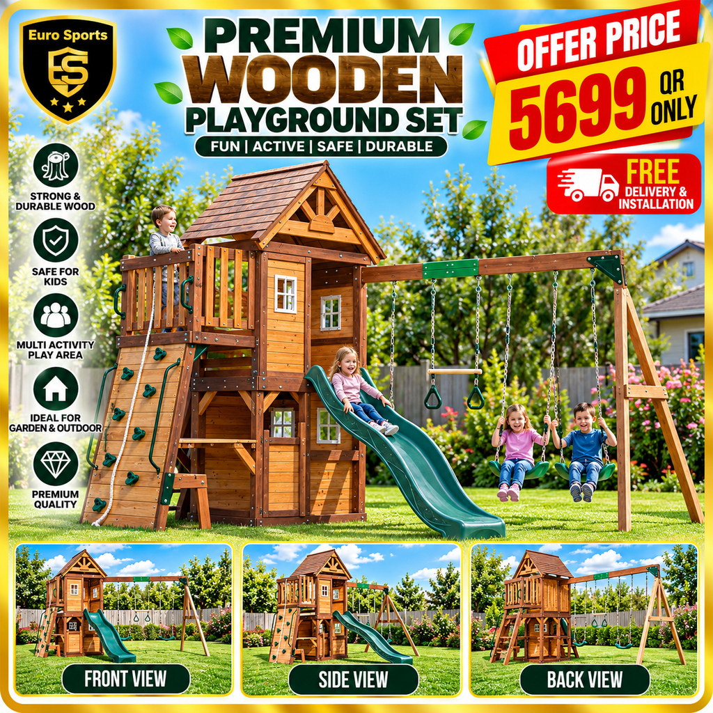 MOUNTPEAK Kazbek Wooden Swing Set & 2-Level Playhouse with Wooden Roof