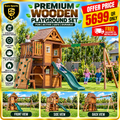 MOUNTPEAK Kazbek Wooden Swing Set & 2-Level Playhouse with Wooden Roof