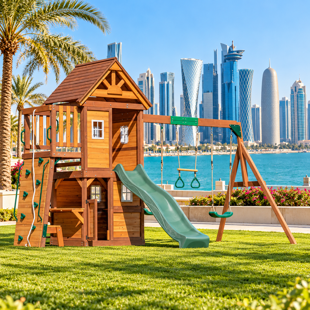 MOUNTPEAK Kazbek Wooden Swing Set & 2-Level Playhouse with Wooden Roof