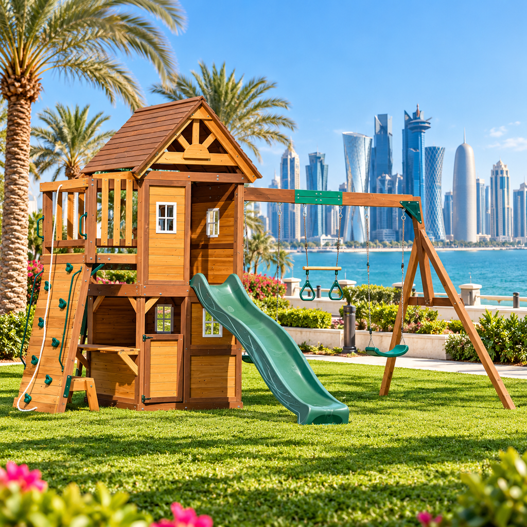 MOUNTPEAK Kazbek Wooden Swing Set & 2-Level Playhouse with Wooden Roof