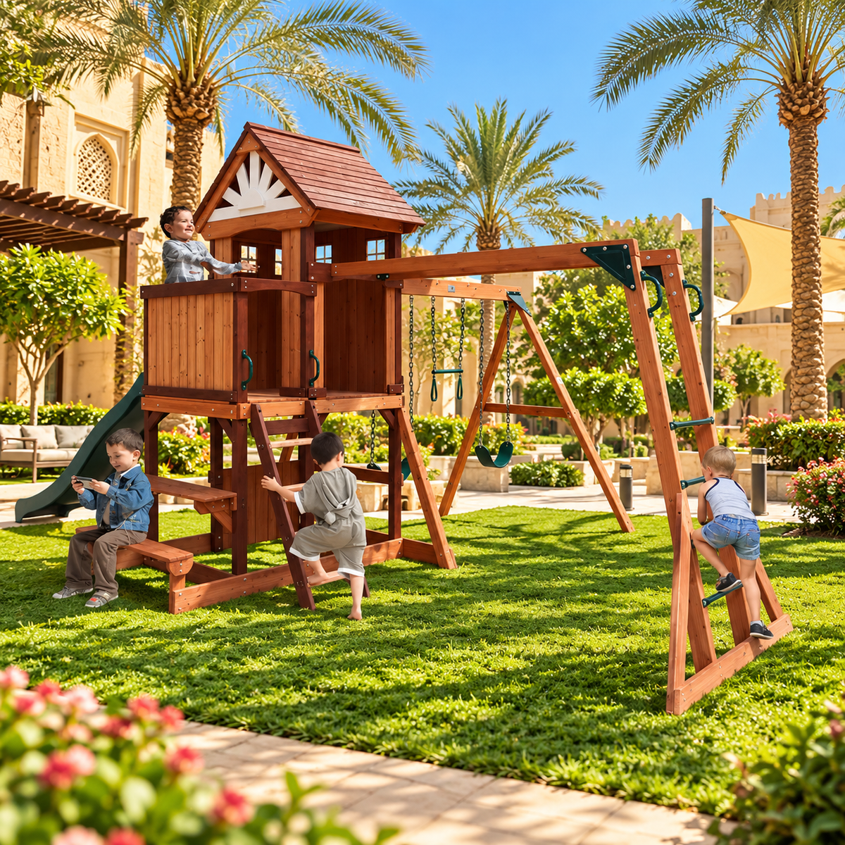 MOUNTPEAK Vinson Massif Wooden Swing Set & Playhouse with Wooden Roof