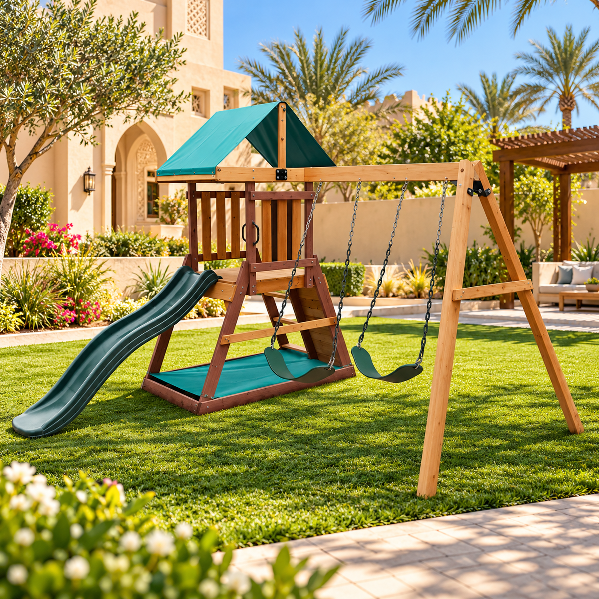 MOUNTPEAK Matterhorn Wooden Swing Set & Playhouse with Slide