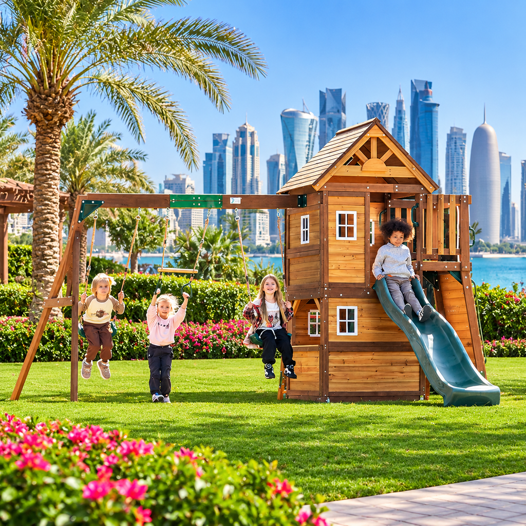MOUNTPEAK Kazbek Wooden Swing Set & 2-Level Playhouse with Wooden Roof
