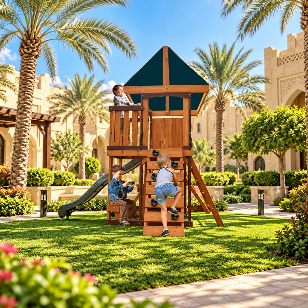 MOUNTPEAK Logan Wooden Swing Set & Playhouse with Balcony
