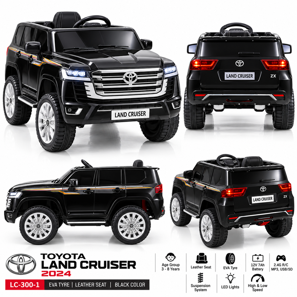 Toyota Land Cruiser 2024 Kids Ride-On Car – Black (12V, Leather Seat, EVA Tyres)
