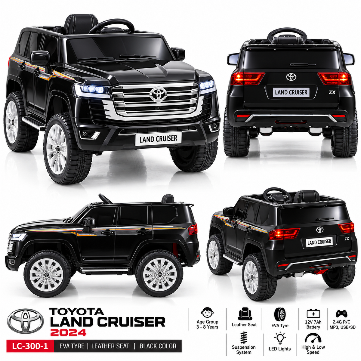 Toyota Land Cruiser 2024 Kids Ride-On Car – Black (12V, Leather Seat, EVA Tyres)