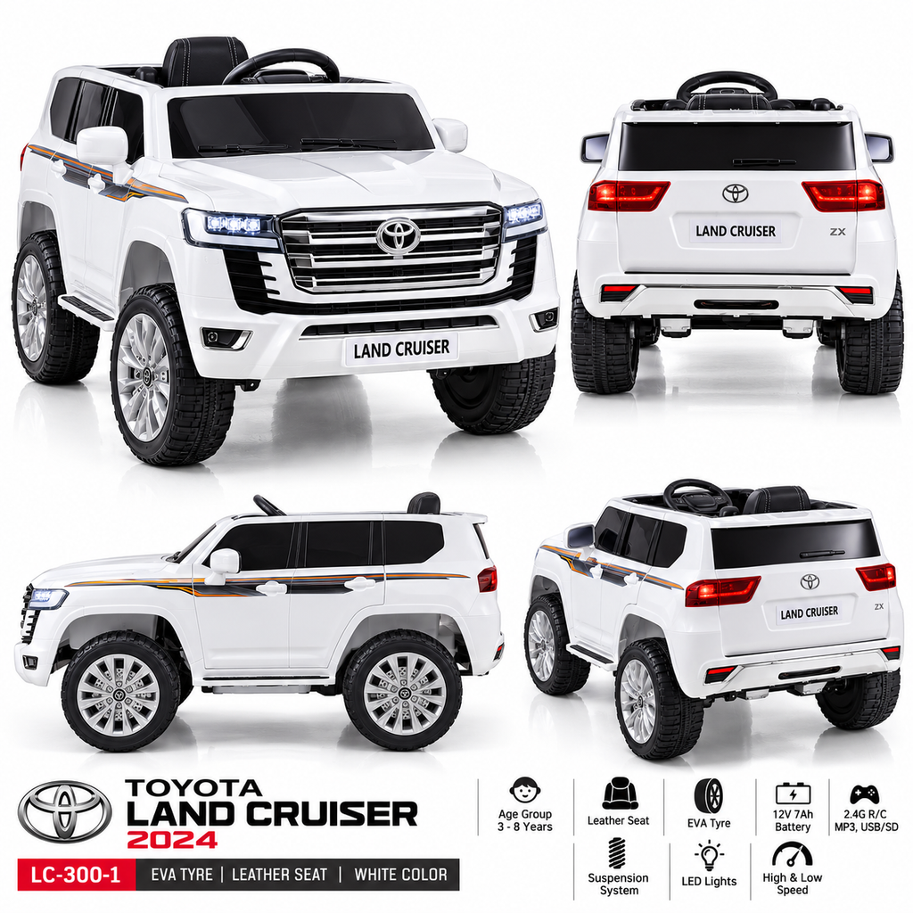 Toyota Land Cruiser 2024 Kids Ride-On Car – White (12V, Leather Seat, EVA Tyres)