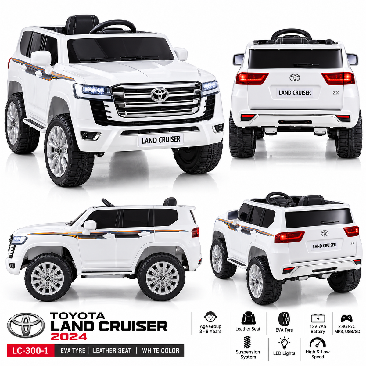 Toyota Land Cruiser 2024 Kids Ride-On Car – White (12V, Leather Seat, EVA Tyres)